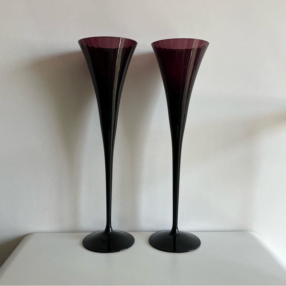 Vintage Hand Blown Purple Bohemia Czech Republic Art Glass Champagne Flutes